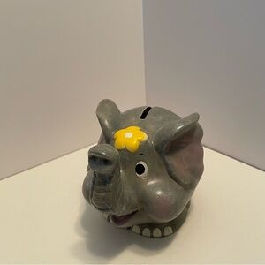 Vintage‎ Hand Painted Ceramic Elephant Piggy Bank with Trunk Up Yellow Flower